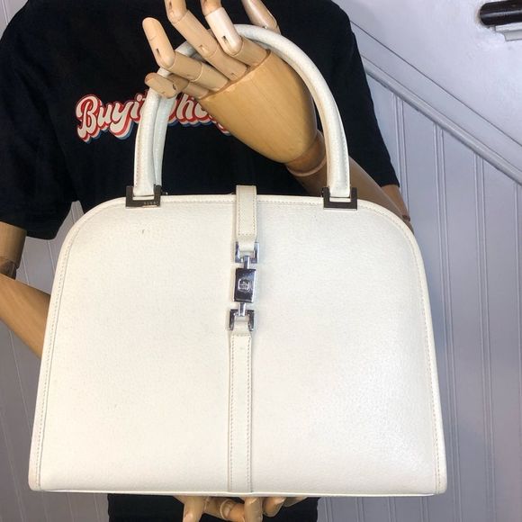 Vintage GUCCI Ivory Leather Satchel Self-Standing Silver Jackie Buckle Hand Bag - Picture 17 of 17
